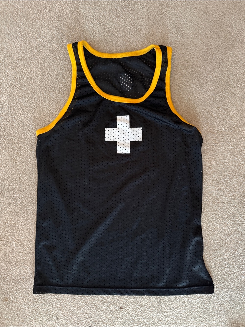 Andrew Christian Black Mesh Tank with Yellow Trim and White Cross